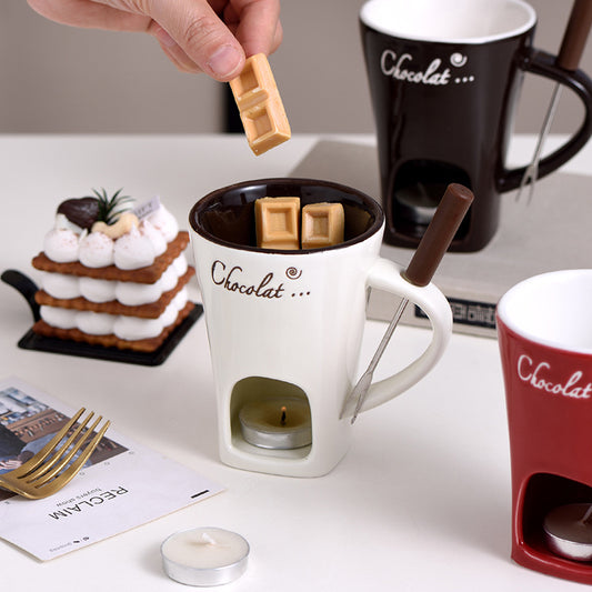 Caffelore Ceramic Chocolate Fondue Mug Set with Candle & Fork